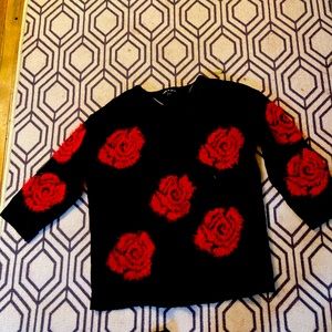Cable and gauge black and red rose sweater, Valentine’s Day